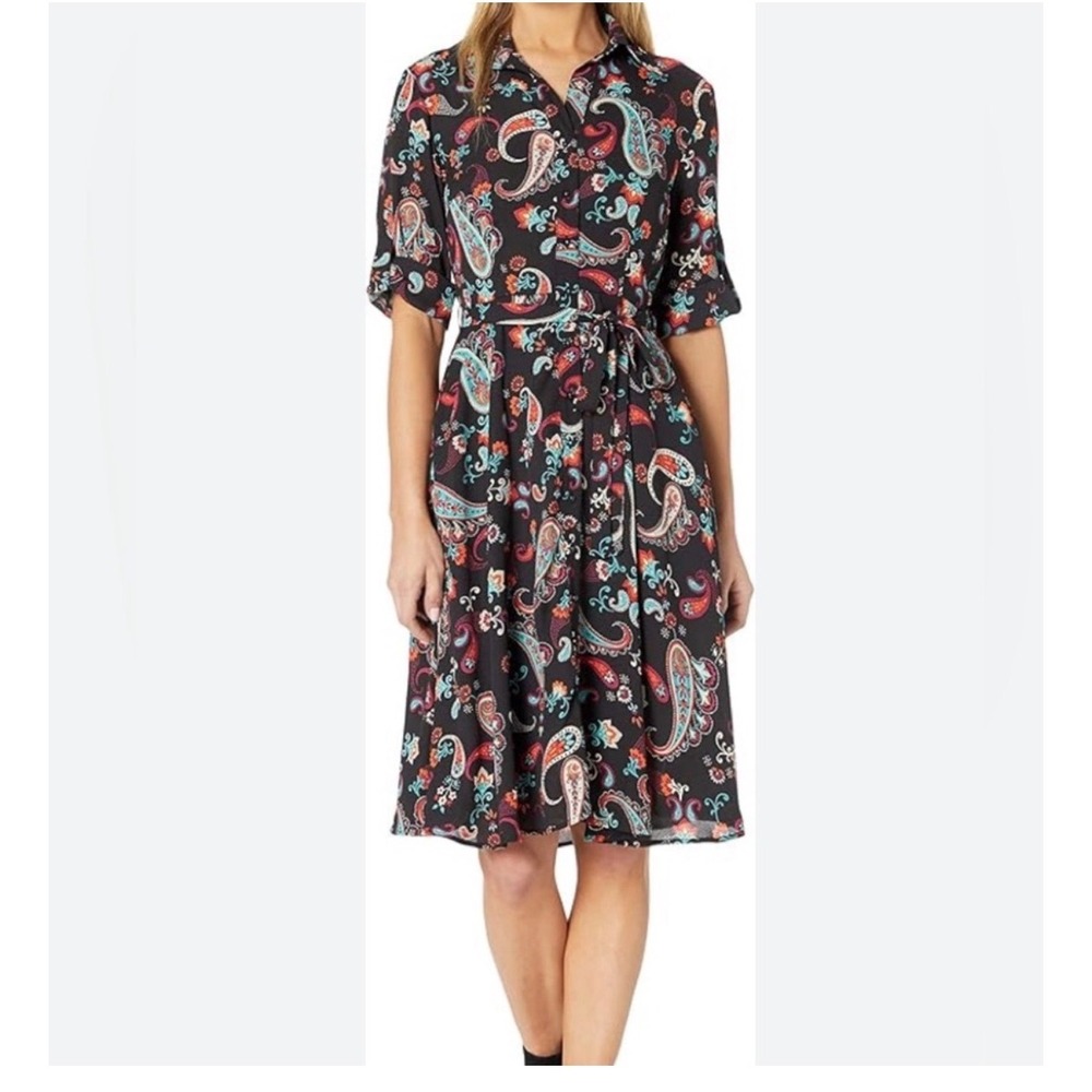 Nanette Lepore Womens Paisley Print Belted Shirt Dress Black Teal